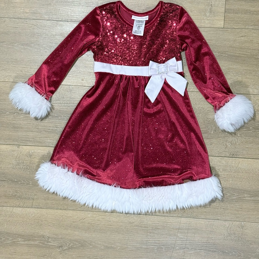 🎀 3/$30 🎀 Bonnie Jean Size 4 Red Velvet Sequin Faux Fur Christmas Dress